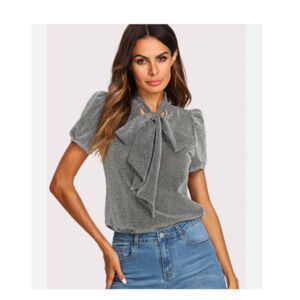 Shein Silver Tie Bow Holiday Blouse Sz. L